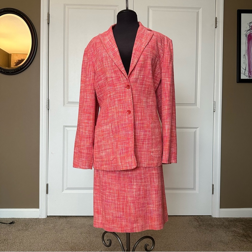 Talbots Coral Tweed Silk Blazer With Matching Skirt Size 18